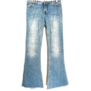 Precision fit mid rise medium wash faded whisker 70s flare wide leg jeans